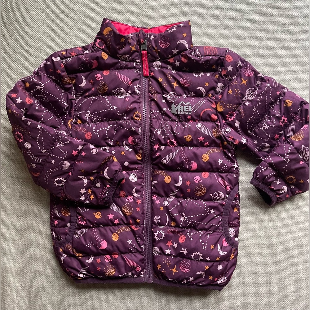 REI Co-Op Reversible 360 Down Puffer Puffy Purple Toddler Girls Jacket Size 3T